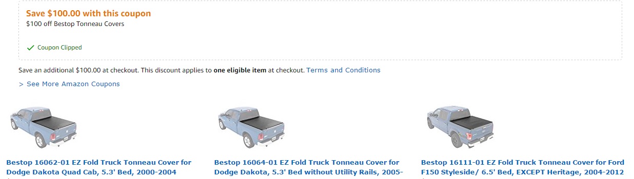 $100 off promo coupon for Bestop Truck Tonneau Cover