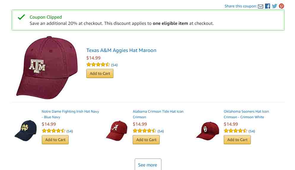 Extra 20% off promo coupon for NCAA team icon adjustable hats