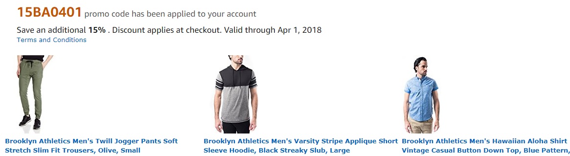 Extra 15% off promo code '15BA0401' for Brooklyn Athletics by Amazon