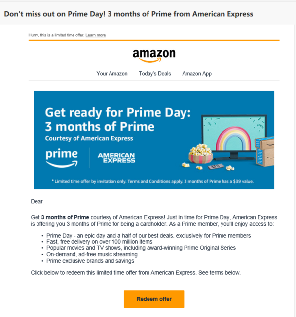 Use America Express to receive membership benefit in 3-months free from Amazon Prime Member 